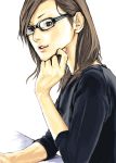  brown_hair copyright_request deku_(not_equal) glasses hand_on_chin lips solo 