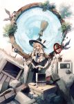 black_eyes blonde_hair braid broom computer cover cover_page eho_(icbm) hat hat_ribbon kirisame_marisa long_hair looking_at_viewer monitor plant potted_plant ribbon rubble sign single_braid sitting solo touhou translation_request witch_hat wrist_cuffs 