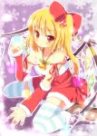  bare_shoulders bell blonde_hair bow detached_sleeves flandre_scarlet hair_bow highres looking_at_viewer mistletoe outline red_eyes santa_costume side_ponytail sitting solo striped striped_legwear thigh-highs thighhighs touhou wariza wings yuimari zettai_ryouiki 