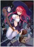  absurdres book bracelet breasts broom broom_riding cat center_opening cleavage_cutout compass copyright_request hat highres jewelry large_breasts long_hair maeda_risou minidress navel open_mouth orange_eyes panties red_hair redhead solo surprised underwear witch witch_hat 