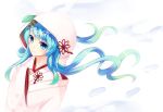  blue_hair footprints hatsune_miku japanese_clothes kimono shiraishiemu smile snow solo uchikake vocaloid white yuki_miku 
