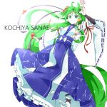  adapted_costume bare_shoulders bridal_gauntlets character_name detached_sleeves flower frog_hair_ornament green_eyes green_hair hair_flower hair_ornament japanese_clothes kochiya_sanae long_hair miko ofuda snake_hair_ornament solo thesanaelove touhou very_long_hair white_background 