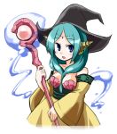 aqua_hair bare_shoulders blue_eyes breasts detached_sleeves hat kugelschreiber long_hair magi_the_labyrinth_of_magic shell shell_bikini simple_background solo staff white_background witch_hat yamuraiha 