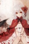  apt bat_wings between_legs blood bow cape dress hair_bow hand_between_legs knees_together_feet_apart petals red_eyes remilia_scarlet ribbon short_hair sitting solo thorns touhou white_dress white_hair wings 