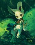  animal_ears armor cloth creature dated extvia forest fur green lagomorph leaf nature no_humans original pawpads paws rabbit sitting smile solo tail tree water yellow_eyes 
