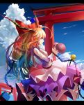  1girl blue_sky bow chain clouds gourd hair_bow horn_ribbon horns ibuki_suika letterboxed long_sleeves looking_away mconch multiple_torii orange_hair profile ribbon sky solo torii touhou yellow_eyes 