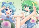  barefoot blue_eyes blue_hair bow cirno daiyousei dress feet flower green_eyes green_hair hair_bow hair_ribbon hand_holding holding_hands leg_up multiple_girls natsu_no_koucha neck_ribbon open_mouth ribbon short_hair side_ponytail smile soles spread_toes toes touhou wings 