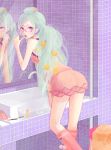  bathroom bespectacled blue_eyes coma_(fginiy) glasses green_hair hatsune_miku highres kneehighs leaning_forward long_hair looking_back mirror reflection sink solo very_long_hair vocaloid 