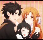  2girls asuna_(sao) asuna_(sao-alo) black_eyes black_hair brown_eyes brown_hair gloves kirito kirito_(sao-alo) long_hair multiple_girls nibin pointy_ears short_hair spiked_hair spiky_hair sword_art_online titania_(sao) yui_(sao) 