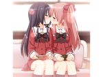  ayase_miya azumi_risa black_hair bow box closed_eyes couch eyes_closed game_cg hair_bow hairband kiss kneehighs lens_flare multiple_girls mutual_yuri peko plaid red_hair redhead school_uniform sono_hanabira_ni_kuchizuke_wo two_side_up yuri 