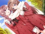  blue_eyes blush brown_hair cloud clouds game_cg glasses hair_ornament hairclip hand_holding heart holding_hands kitajima_kaede kitajima_sara multiple_girls open_mouth peko purple_eyes scarf school_uniform shared_scarf sky smile sono_hanabira_ni_kuchizuke_wo tree violet_eyes yuri 