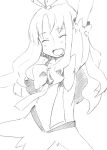  1girl arm_up closed_eyes copyright_request eyes_closed long_hair magical_girl majima_yuki monochrome open_mouth simple_background smile solo white_background 