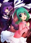  animal_ears bird_ears bird_wings blouse claws dress fang forest green_eyes green_hair hat hekiryuu highres kasodani_kyouko long_sleeves looking_at_viewer multicolored_background multiple_girls mystia_lorelei nature open_hand open_mouth outstretched_arm purple_dress purple_hair short_hair skirt tail teeth thigh-highs thighhighs touhou wings yellow_eyes 