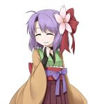  bridal_gauntlets closed_eyes eyes_closed flower hair_flower hair_ornament hand_to_mouth hieda_no_akyuu japanese_clothes kimono long_sleeves obi oyaji_kusa purple_hair sash short_hair smile solo touhou wide_sleeves 