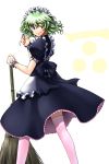  apron bamboo_broom blue_eyes bow broom green_hair hair_twirling highres kurotsuki_nanai looking_back maid_headdress mouri_teru rance_(series) sengoku_rance simple_background smile solo thigh-highs thighhighs wrist_cuffs 