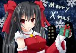  alternate_costume bell black_hair bow choujigen_game_neptune christmas detached_sleeves ears gift hair_bow hair_ornament highres kami_jigen_game_neptune_v long_hair noire red_eyes sarvuant smile snowflakes solo star twintails very_long_hair 