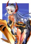  ass black_swimsuit blush drill_hair horns katahira_masashi long_hair looking_at_viewer looking_back original personification pointy_ears silver_hair smile solo swimsuit yellow_eyes 