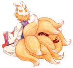  blonde_hair brown_hair cat_tail chen fox_tail hat hiding multiple_girls multiple_tails ribbon short_hair simple_background solid_circle_eyes tabard tail tail_ribbon terajin touhou white_background yakumo_ran 