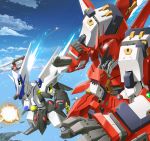  ash_(meiya1216) clenched_hand clenched_hands cloud clouds explosion flickerei_geist flying glowing glowing_eye horn island mecha no_humans ocean stake super_robot_wars the_2nd_super_robot_wars_og 