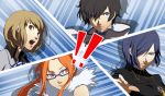  1boy 3girls all-out_attack black_hair blue_eyes blue_hair bow brown_eyes brown_hair company_connection devil_survivor_2 glasses hair_over_one_eye kamakiri kujou_hinako megami_ibunroku_devil_survivor multiple_girls nitta_io open_mouth orange_eyes orange_hair outstretched_hand parody persona protagonist_(devil_survivor_2) sako_makoto scarf side_glance smile style_parody uniform 