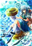  back-to-back blue_hair blue_rose braid checkered checkered_background dress flower fuuna_(conclusion) gears hat hat_ribbon highres hourglass izayoi_sakuya kneehighs knife maid maid_headdress multiple_girls petals pink_dress puffy_sleeves red_eyes remilia_scarlet ribbon rose shirt shoes short_hair short_sleeves silver_hair skirt skirt_set tile_background touhou twin_braids vest white_legwear wrist_ribbon 