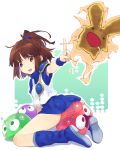  :d arle_nadja boots brown_eyes brown_hair jiyu2 kneeling long_hair looking_at_viewer open_mouth outstretched_arms ponytail puyopuyo skirt smile solo 
