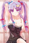  ;o alternate_hairstyle arm_up armpits bare_shoulders black_dress breasts collarbone crescent dress hair_ribbon heart heart-shaped_pupils long_hair patchouli_knowledge porurin_(do-desho) purple_eyes purple_hair ribbon solo strapless_dress striped striped_dress symbol-shaped_pupils touhou twintails vertical_stripes violet_eyes wink 