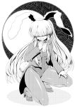  animal_ears bangs blunt_bangs blush breasts bunny_ears bunny_tail cleavage collar hair_over_eyes high_heels kanno_kengo leotard long_hair monochrome pantyhose rabbit_ears reisen_udongein_inaba solo squatting tail touhou 