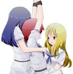  absurdres arms_up bdsm blonde_hair blue_hair bondage bound_wrists green_eyes handcuffed highres hirose_sumire hisa09 long_hair miyanaga_teru multiple_girls oohoshi_awai red_hair redhead saki saliva saliva_trail school_uniform short_hair tongue yuri 