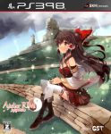  1girl adapted_costume atelier_(series) bare_shoulders black_hair blush brick_wall brown_eyes cover cup detached_sleeves game_cover hair_tubes hakurei_reimu half_updo holding light_particles long_hair ruins shin_(new) sitting skirt solo sunbeam sunlight thigh-highs thighhighs touhou white_legwear wind 