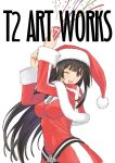  ;d black_hair blush breasts confetti copyright_request cross hat long_hair looking_at_viewer no_bra open_mouth party_popper red_eyes santa_costume santa_hat smile solo taka_tony tanaka_takayuki wink 