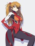  blue_eyes bodysuit brown_hair chan_co clothed_navel evangelion:_3.0_you_can_(not)_redo eyepatch grey_background hair_ornament hand_on_hip highres leg_lift long_hair looking_at_viewer neon_genesis_evangelion pilot_suit plugsuit rebuild_of_evangelion shadow shikinami_asuka_langley simple_background skin_tight solo soryu_asuka_langley souryuu_asuka_langley two_side_up 