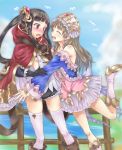  atelier_(series) atelier_totori bare_shoulders bird black_hair blush boots brown_hair closed_eyes dress eyes_closed fence gloves hair_ornament hat hug incipient_hug kyoukya_(kyouya02) lake long_hair mimi_houllier_von_schwarzlang multiple_girls open_mouth outstretched_arms outstretched_hand ponytail purple_eyes skirt sky smile sweatdrop thigh-highs thighhighs totooria_helmold violet_eyes white_legwear 
