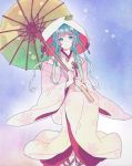  aqua_eyes aqua_hair character_name hatsune_miku japanese_clothes kimono maret sitting solo uchikake umbrella vocaloid yuki_miku 