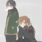  couple jacket kirito nicolat scarf school_uniform sitting sweater sword_art_online winter_clothes 