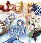  animal_ears armor asuna_(sao) asuna_(sao-alo) blonde_hair blue_eyes blue_hair braid breasts cake cat_ears cat_tail cleavage coffee cup food green_eyes highres leafa lisbeth lisbeth_(sao-alo) long_hair lying multiple_girls navel on_back open_mouth pantyhose pink_hair pointy_ears ponytail red_eyes sasakawa_arumi shinon_(sao) shinon_(sao-alo) short_hair silica silica_(sao-alo) striped striped_legwear sword_art_online tail thigh-highs thighhighs twin_braids twintails 