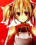  blonde_hair lowres mugimaro35 red_background red_eyes silica smile solo sword_art_online twintails 