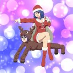  :o ;d animal_costume christmas crossed_legs highres jean0503 kaku_seiga legs_crossed miyako_yoshika multiple_girls ofuda open_mouth reindeer_costume riding sack santa_costume sitting sitting_on_person smile touhou wink 