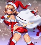  ass bell bell_collar blood blue_eyes blush breasts christmas collar english hat mataro merry_christmas midriff original sack santa_claus santa_costume santa_hat signature snowflakes solo tail thigh-highs thighhighs tongue 