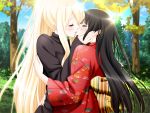  black_hair blonde_hair closed_eyes eyes_closed game_cg hand_on_another&#039;s_cheek hand_on_another's_cheek japanese_clothes kimono kirishima_shizuku kiss long_hair multiple_girls mutual_yuri peko shitogi_eris sono_hanabira_ni_kuchizuke_wo tree turtleneck wide_ponytail yuri 