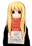  :) blonde_hair english grey_eyes long_hair looking_at_viewer original scarf sign sign_holding smile solo white_background 
