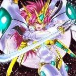  full_moon highres katana long_hair mecha moon open_mouth pink_hair puspus solo super_robot_wars super_robot_wars_the_lord_of_elemental sword valsione_r weapon yellow_eyes 