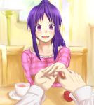 1girl blush long_hair looking_at_viewer mugai_(tamac) ookura_miyako pov proposal purple_hair sitting smile tokimeki_memorial tokimeki_memorial_4 violet_eyes 