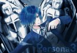  arisato_minato blue_eyes blue_hair bow chain chains evoker gun hair_over_one_eye male persona persona_3 ribbon school_uniform short_hair solo weapon 
