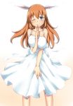  animal_ears bare_shoulders blue_eyes blush breasts brown_hair bunny_ears charlotte_e_yeager collarbone dress huge_breasts long_hair maru_(maruttona) rabbit_ears shushing smile solo strike_witches white_dress wink 