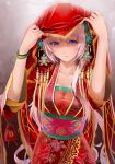  artist_name blue_eyes collarbone dated embellished_costume highres japanese_clothes long_hair looking_at_viewer megurine_luka okingjo omamori pink_hair silver_hair smile solo veil vocaloid watermark 