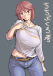  adult blush breasts brown_eyes brown_hair jeans large_breasts long_sleeves navel rozen_maiden rozenweapon short_hair smile solo souseiseki 