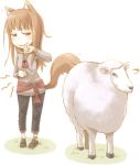 animal animal_ears anklet ayakura_juu brown_hair capri_pants drooling hand_on_stomach hand_to_mouth holo hunger_pangs hungry imageboard_sample jewelry no_socks red_eyes sheep shoes spice_and_wolf stomach_growling tail wolf_ears wolf_tail 