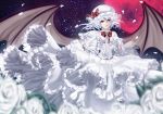  adapted_costume bat_wings bow brooch capelet dress flower frilled_dress frills full_moon gloves hat hat_ribbon highres jewelry long_sleeves moon night petals red_eyes red_moon remilia_scarlet ribbon ring rose silver_hair sky smile solo star_(sky) touhou untsue white_dress white_gloves white_rose wide_sleeves wings 