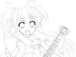  angel_beats! e_lu_daa fang guitar highres instrument lineart long_hair monochrome open_mouth school_uniform serafuku solo yui_(angel_beats!) 